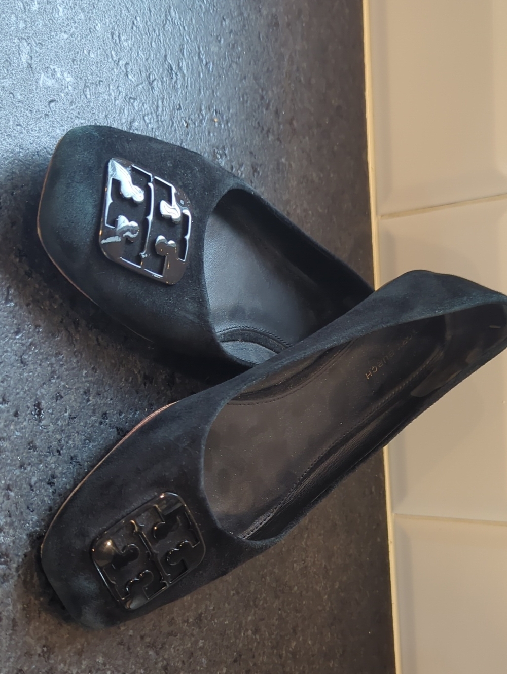 Tory Burch Black Suede Logo Square-Toe Ballet Flats